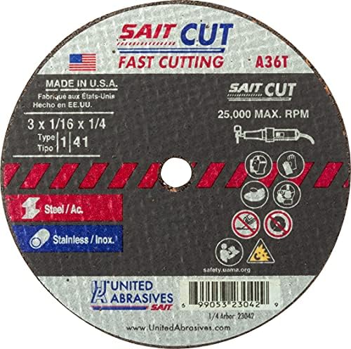 United Abrasives SAIT 23042 3x1/16x1/4 A36T Быстрорежущие Тънки Високоскоростни металорежещи кръгове, 50 бр.