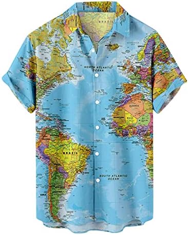 Хавайски Ризи за Мъже, Летен Случайни Топ С Принтом Карта на Света, Къс Ръкав, Плажни Ризи с Копчета, Блузи за Почивка