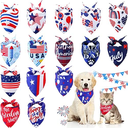 15 бр Кърпи за кучета на Ден, 4 юли, Патриотични Престилки за кучета, Американски Флаг, Регулируема Празнично Облекло за кучета и Котки,