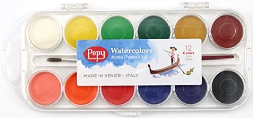 Акварелни бои Pepy; Комплект от 12 цвята; Включва четка и Плик тава за смесване, Многоцветен