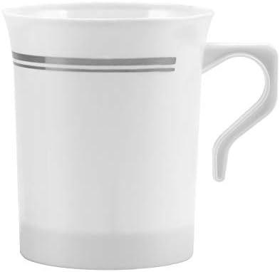 Еднократна бяла пластмаса BloominGoods 50 Heavyweight 8 унция. Чаши за кафе със сребърен | Чаши за чай, капучино, еспресо с дръжки (50