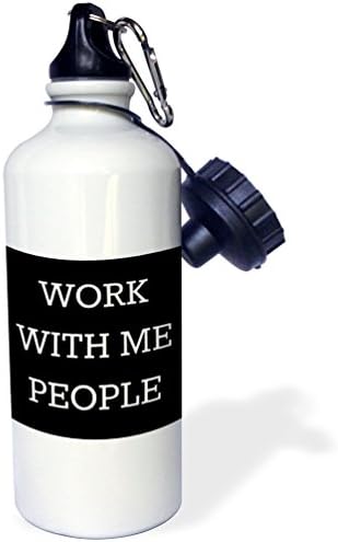 3dRose Work with me people, бели букви на черен фон Спортна бутилка за вода, 21 унция, бяла