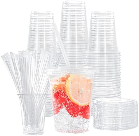 LCCFHTI [Размер На 200] Пластмасови Чаши по 12 унции с Капаци и Соломинками, Прозрачни Чаши за Еднократна употреба за кафе с лед, Чаши