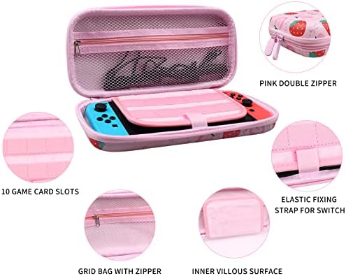 Комплект калъфи ROTOMOON Pink Ягода за носене, съвместими с Nintendo Switch, Пътна чанта в твърда обвивка с защитен калъф, 12 отделения