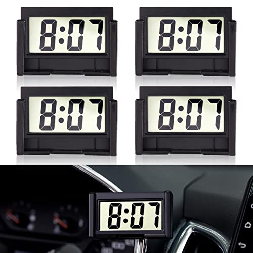 KANBIT Малки цифров часовник на арматурното табло на автомобила, захранван с батерии, 4 броя, Голям прозрачен LCD-дисплей за време с