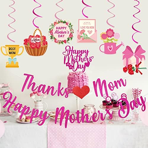 Декорации за Деня на майката, Благодаря на Майка ми, Банер с Деня на майката, Розово-Червен Блясък и Ден на Майката, Окачени Къдрите,