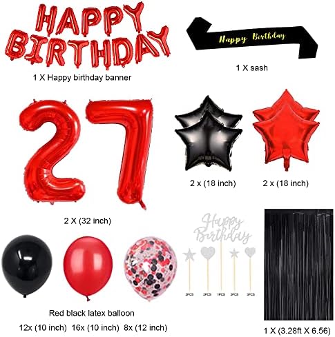 Fancypartyshop Украса за парти в чест на 27-ия Ден от Раждането, Аксесоари, Червени, Черни Балони, Topper за Тортата С честит Рожден