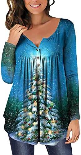 Неон Коледно Дърво, Тениски за Жени, Модни Риза Хенли Копчета, елегантно облечен Ежедневни Висока Ниска Плиссированная Коледна Блуза,