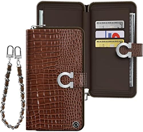 JUST4YOU iPhone 13 Pro Max Калъф-портфейл с цип с лента-държач за карти, Защитен Кожен Калъф-Книжка с панти капак, Калъф за телефон за