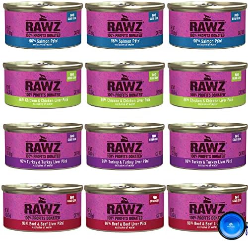 Мокра храна за котки с натурален гъши премиум-клас Rawz - 12 опаковки, Разнообразни опаковка - 4 вкуса - (Сьомга, пилешко, Пуешко, телешко)