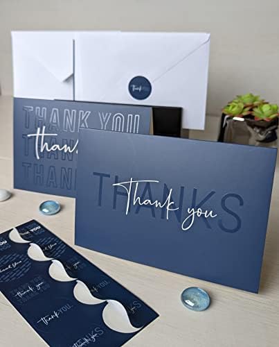 100 Благодарственных картички с конвертами и стикери - 5 Уникален дизайн в тъмно синьо, Обемни бланки за бележки в Луксозна UV-печат