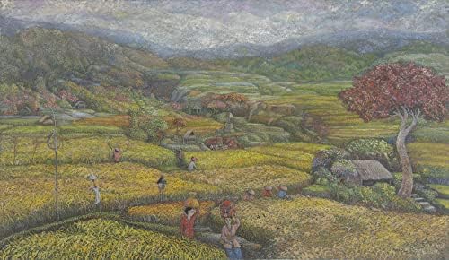 Картини на културното експресионист НОВИКИ Грийн Картина от Индонезия Събиране на реколтата на ориза