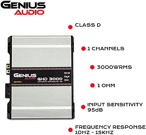 Genius Audio ДХД-3000 Пълнофункционален, Компактен усилвател на Моноблок 3000 W-Среднеквадратичный клас D 1-Омный усилвател на стабилни