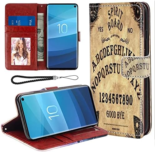 Чанта-портфейл за Samsung Galaxy а a53, калъф, дъска за спиритически сеанси, вещица, кафяв, със стойка за гледане, някои слотове за карти