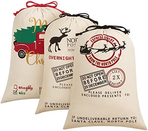 Платно чанта на Дядо Коледа HBlife, 3 опаковки, Големи чанти Дядо Коледа размер на 19,7 х 27,6 инча за подаръци, Персонализирани Коледни