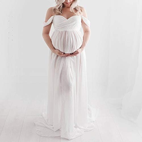 LKchoose Бельо Макси Рокля с открити рамене, Модни Рокли за Фотосесии на Бременни, Секси Дълга Рокля за медицински сестри с Волани, Бяло,