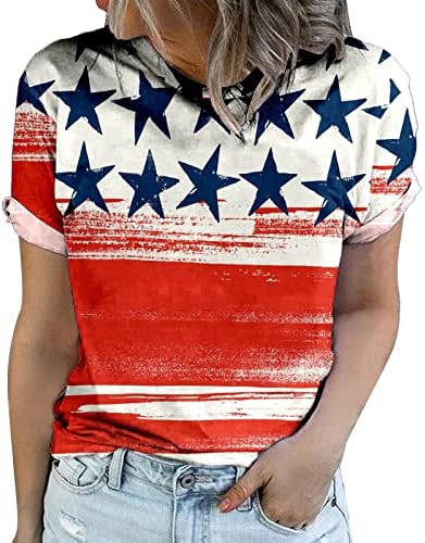 Ризи с Къс ръкав за Момичета с Кръгло Деколте, Деня на Независимостта на САЩ, Графичен Обяд, Вратовръзка-Боя се, Блузи, Ризи, Жените