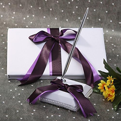 KateMelon 8,3-инчов сватбена книга за гости с двоен възел от лента и комплект дръжки, лилаво