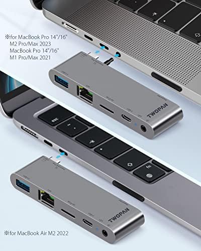 Хъб TWOPAN USB C за MacBook Pro M2 Pro/Max, 5-в-1 MacBook Pro Air M2 USB C Многопортовый адаптер-ключ с 1000 М Ethernet LAN, четец за
