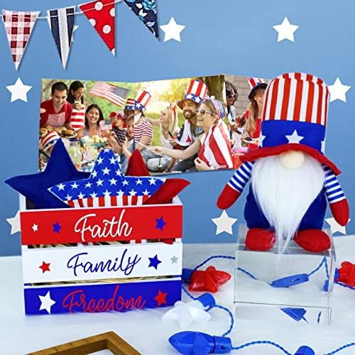 Патриотични Декорации за дома в 4-ти юли, Дървена Кутия Faith Family Freedom с Патриотичен Плюшем под формата на Елф и Възглавници под формата 3 Звезди, Украса за Ден на Памет,