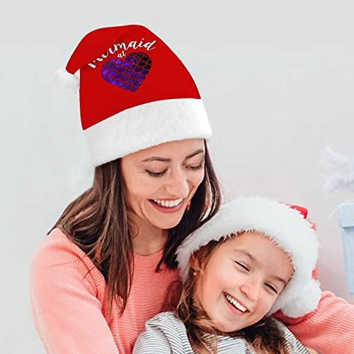 Коледна шапка с русалочкой в сърцето на шапки на Дядо Коледа къси плюшени с бели ръкавели за мъже жени Коледна украса за празнично парти