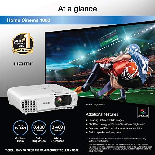 Трехчиповый проектор Epson Home Cinema 1080 3LCD 1080p резолюция на екрана 3400 лумена, Цветна и бяла яркост, Стрийминг на/Игри / Домашно