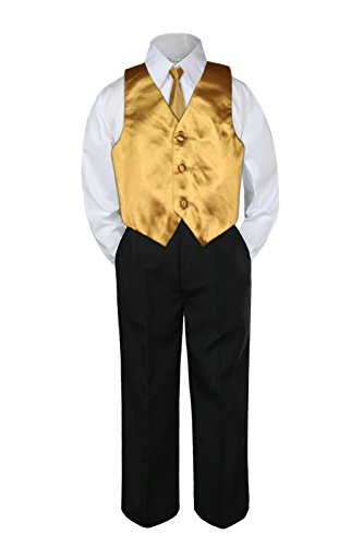 4шт Официално Комплект за най-малките момчета-тийнейджъри със Златен Жилетка и Вратовръзка, Черни Брючные Костюми S-14 (10)