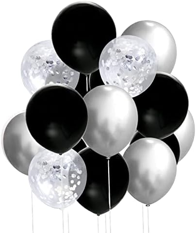 50 Бр 12 Инча Черни и Сребърни Балони, Сребърни Балони с Конфети, Черни и Сребристи Метални Хромирани Балони, Черни и Сребърни Бижута