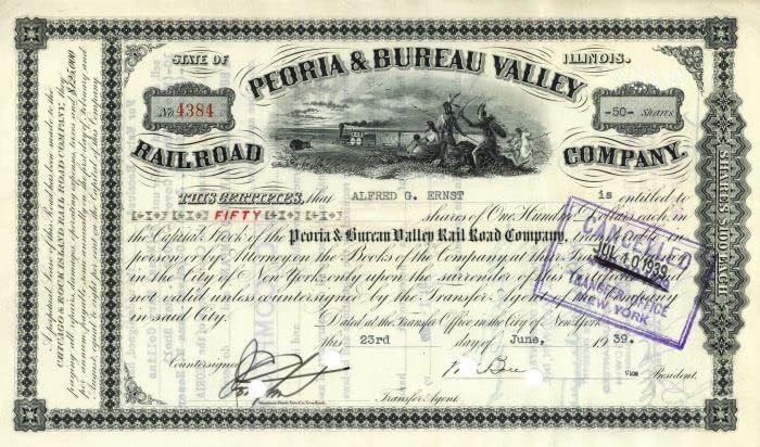 Peoria и Бюро Valley Railroad Co. - Сертификат на акциите на индийската железопътна Виньеточной