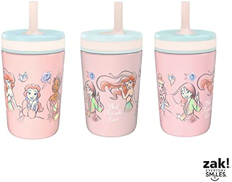 Zak Designs Детски чаши на Disney Princess Kelso за пътуване или у дома, 12 унции, Запечатани чаша от неръждаема стомана с вакуумна изолация за деца (Ариел, Бел, Пепеляшка, Мулан, Тие?