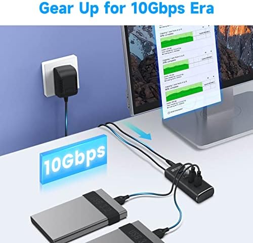ROSONWAY 4 USB Порта 3.1 Gen 2 Hub 10 gbps с адаптер на захранване 5 + 5 в 1 C USB Концентратор с 3 usb трансфер на данни USB 3.2 10 gbps, четец на карти SD/TF карта